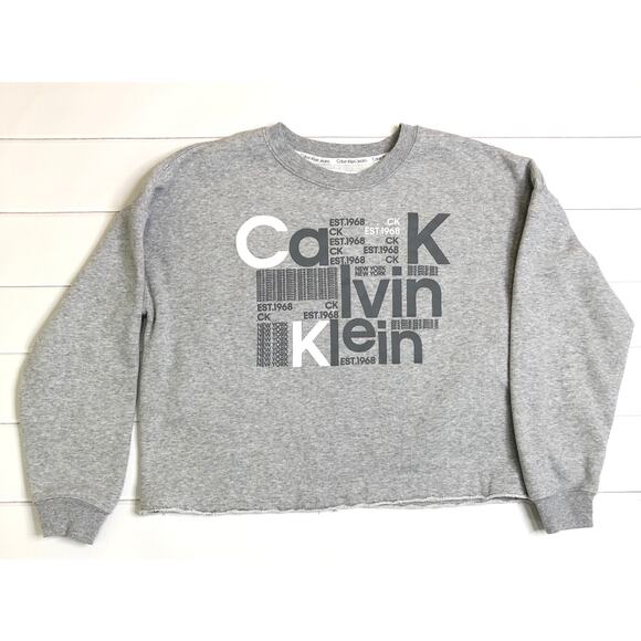 Calvin Klein Gray Cropped Boxy Oversized Raw Hem Logo Sweatshirt Large - Picture 1 of 4